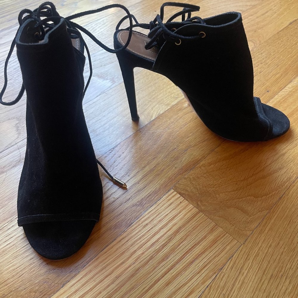 Aquazurra Black Suede Peep Toe Lace Back Booties 36.5